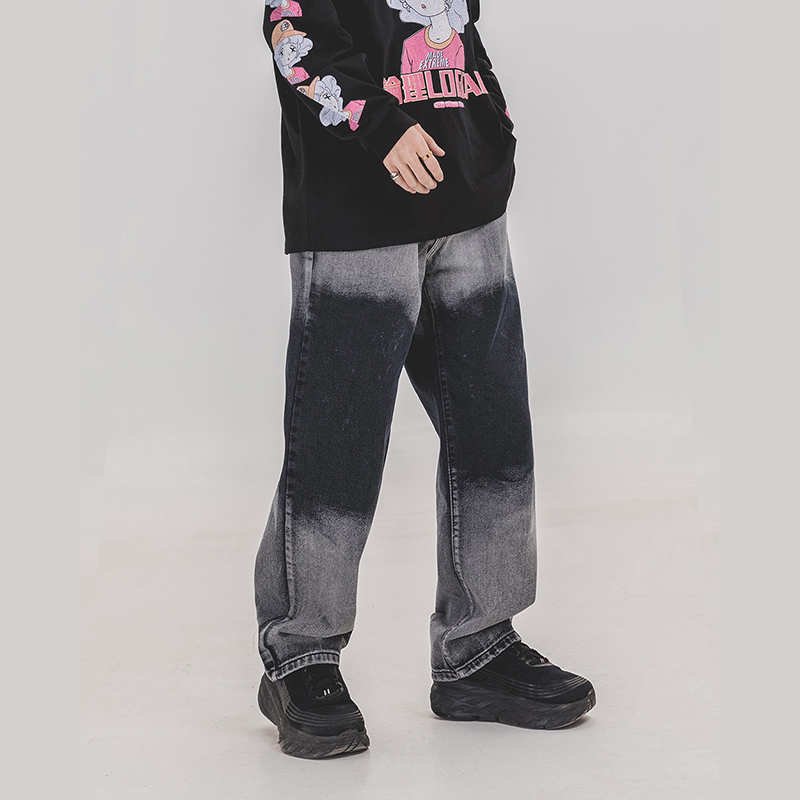 Tie Dyeing Gradient Straight Loose Jeans Pants Washed Frayed Wide Leg Denim Trousers Harajuku Baggy Oversize Hip Hop Pants Men, Black