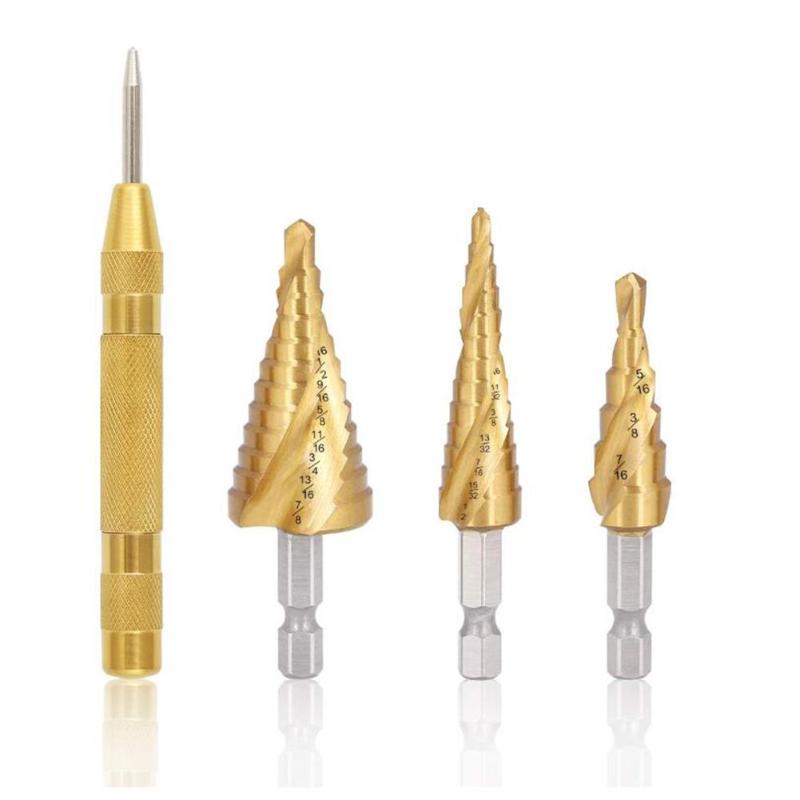 4PCS Step Drill Bit Set HSS Titanium Coated Spiral Grooved Drill Bits With Hex Shank Automatic Spring Loaded Center Punch 
4PCS Step Drill Bit Set HSS Titanium Coated Spiral Grooved Drill Bits With Hex Shank Automatic Spring Loaded Center Punch