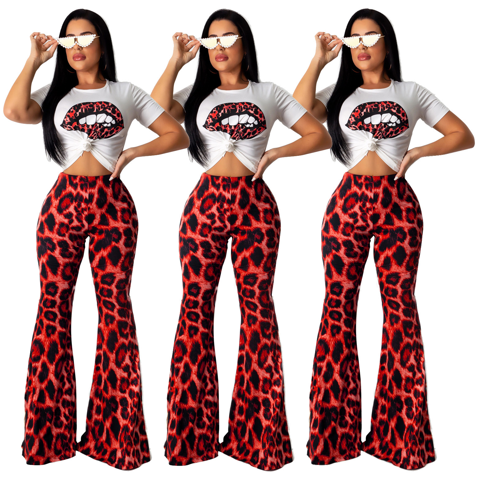 pants Spot 2023 European spring and summer fashion sexy leopard lips printed bell-bottom two-piece suit support mixed batch