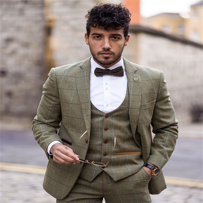 3piece handsome green plaid wool blend mens suit new fashion groom suit formal wedding suits for best men slim fit groom tuxedos for man