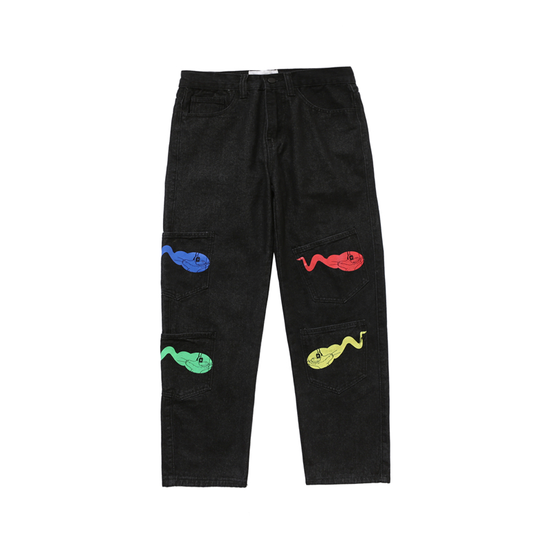 Bebovizi Hip Hip Tadpole Print Denim Pants Streetwear Denim Pants Men Harajuku Multi-pocket Trousers Joggers Cotton