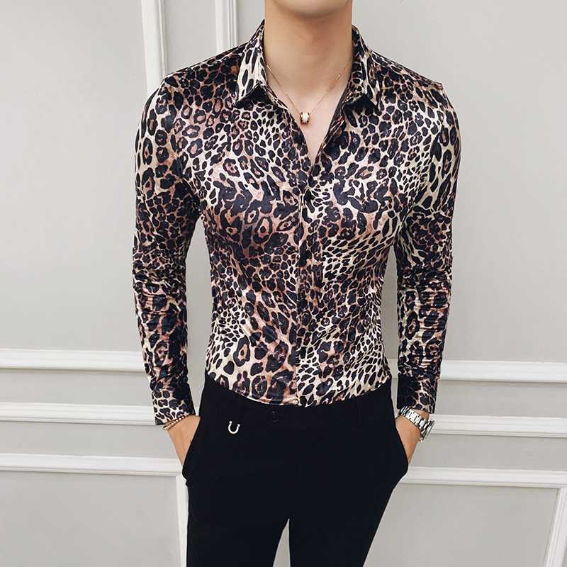 Flannel Shirts New 2020 Party Dress Club Outfits Slim Fit British Clothes Stylish Shirts Mens Velvet Leopard Printed Mens