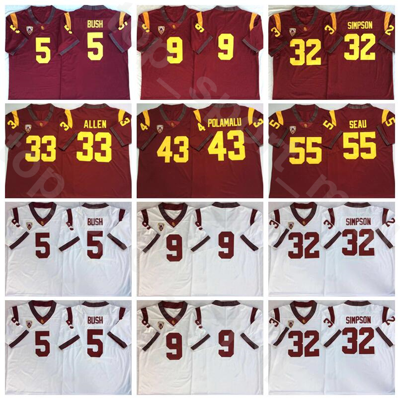 

USC Trojans Football College 32 OJ Simpson Jersey 5 Reggie Bush 43 Troy Polamalu 33 Marcus Allen 55 Junior Seau 9 JuJu Smith-Schuster, 43 red