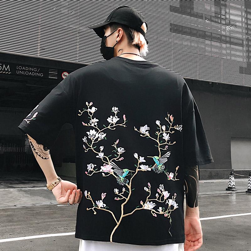 hip hop tshirt men streetwear harajuku tshirt embroidery floral magpie summer short sleeve tshirt cotton japanese style