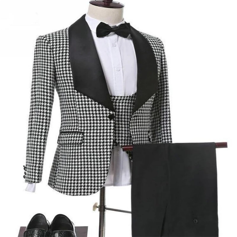 3-piece Houndstooth Black And Whit Wedding Suits Custom Made Tuxedos Party Formal Business Handsome Suits Peaked Lapel Blazer