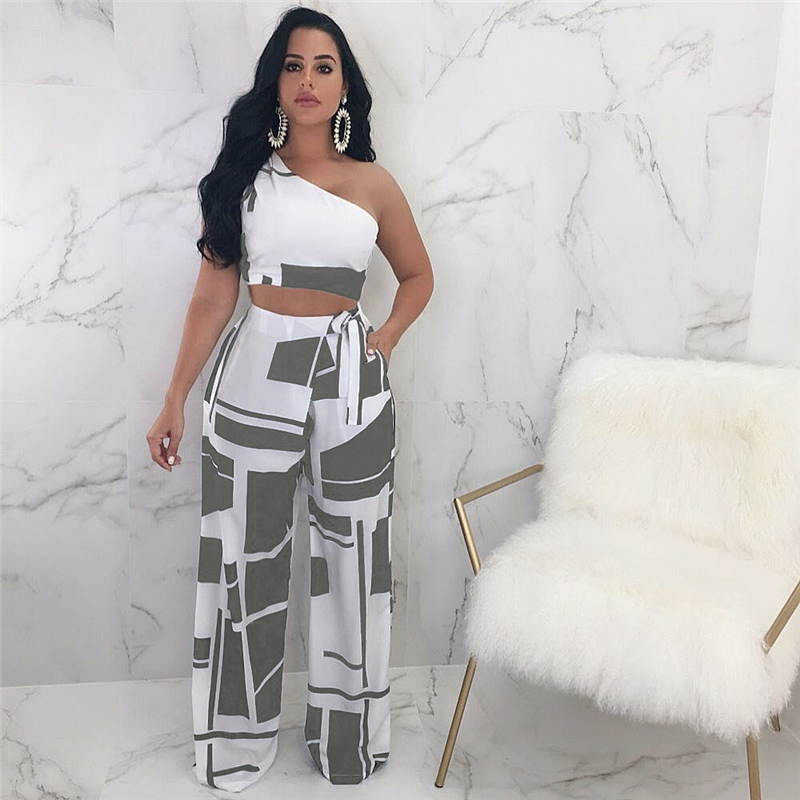 New Arrival Summer Two Piece Set Women One Shoulder High Waist Wide Leg Pants Printed Vintage Ladies Matching Set Outfits T200603