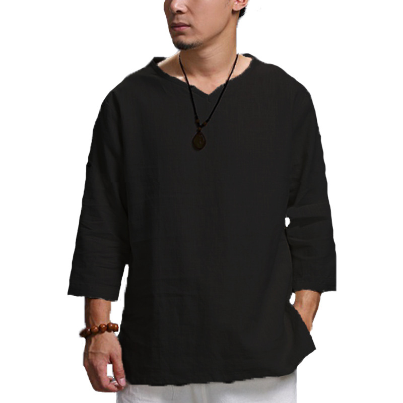 Plus Size 5XL Chinese Style T Shirt Men Solid Loose 3/4 Sleeve V-neck Tee Shirt Men Casual Cotton Vintage Mens T-shirt