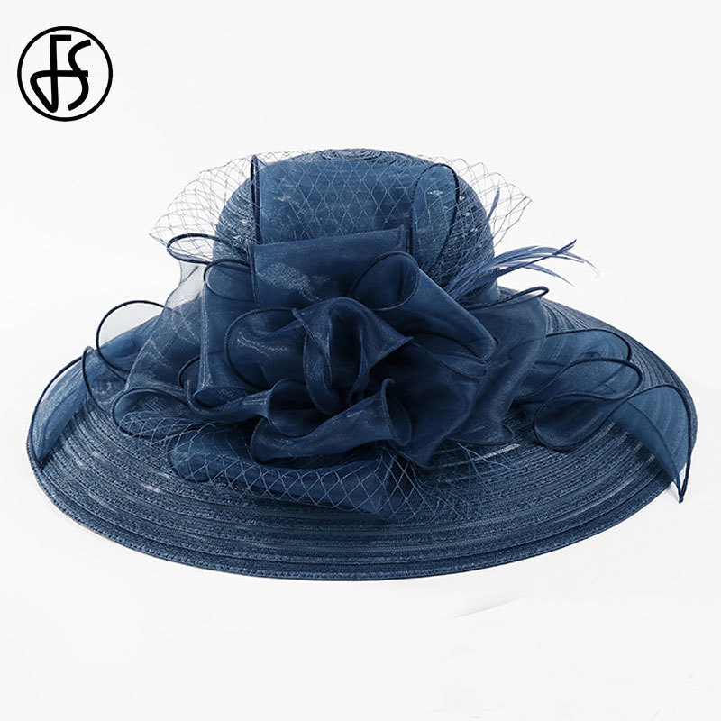 FS Black White Elegant Women Church Hats For Ladies Summer Flowers Large Brim Organza Hat Beach Sun Kentucky Derby Hat Fedora CX200714
