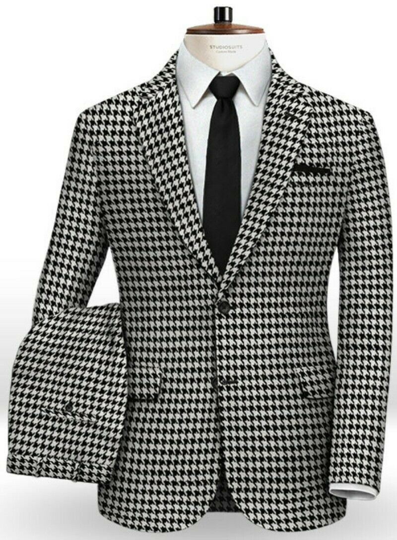 Handsome 2-piece Houndstooth Cotton Blend Two Button Casual Formal Men Suits Custom Made Tuxedos Party Business Peaked Lapel Blazer Suits