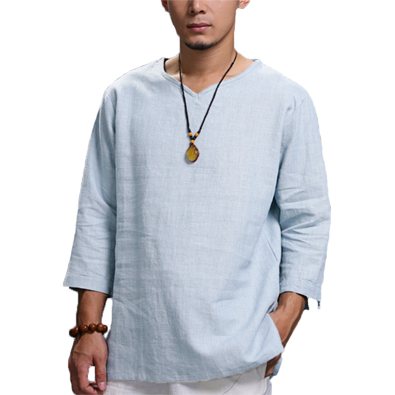 Plus Size 5XL Chinese Style T Shirt Men Solid Loose 3/4 Sleeve V-neck Tee Shirt Men Casual Cotton Vintage Mens T-shirt