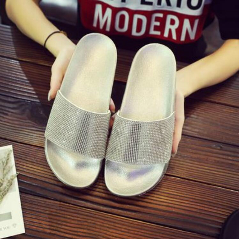 Slippers WGZNYN Shoes Women Flat Sliders Sandals Diamante Sparkly Colorful Diamond Crystal Fashion Woman Flip-flops W41