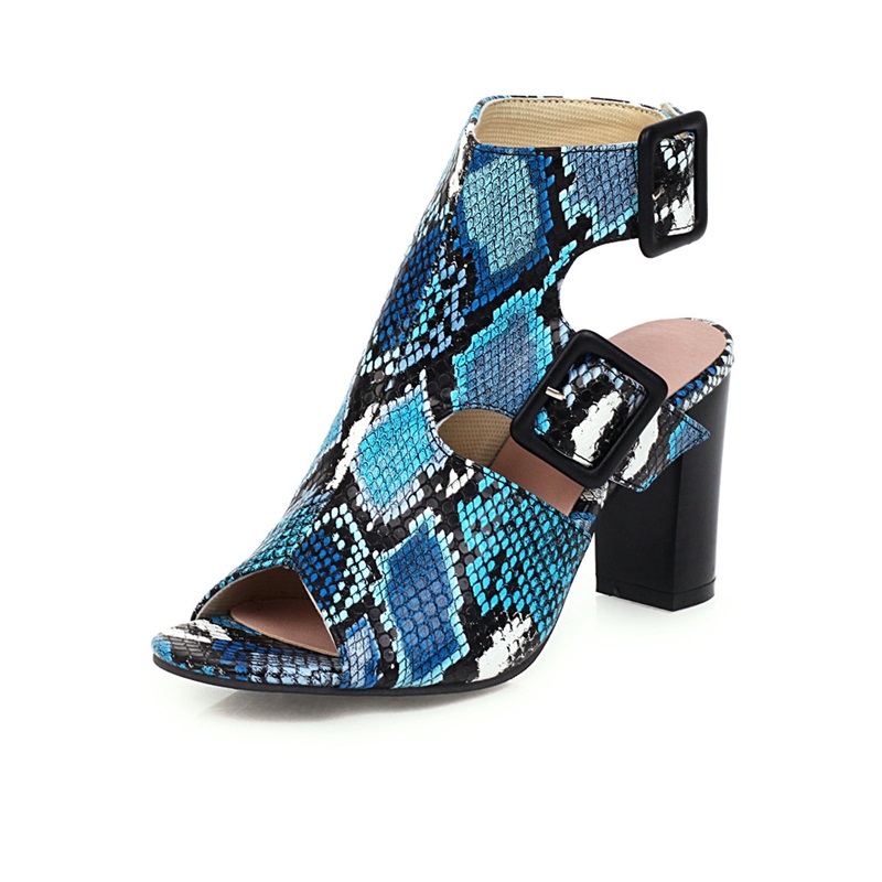 8CM Lady Shoes Leather Large Size Snake Belt Buckle Chunk Heel High Heel Women Shoes European Style Designer Shoe Sandal D5038 Free Shipping