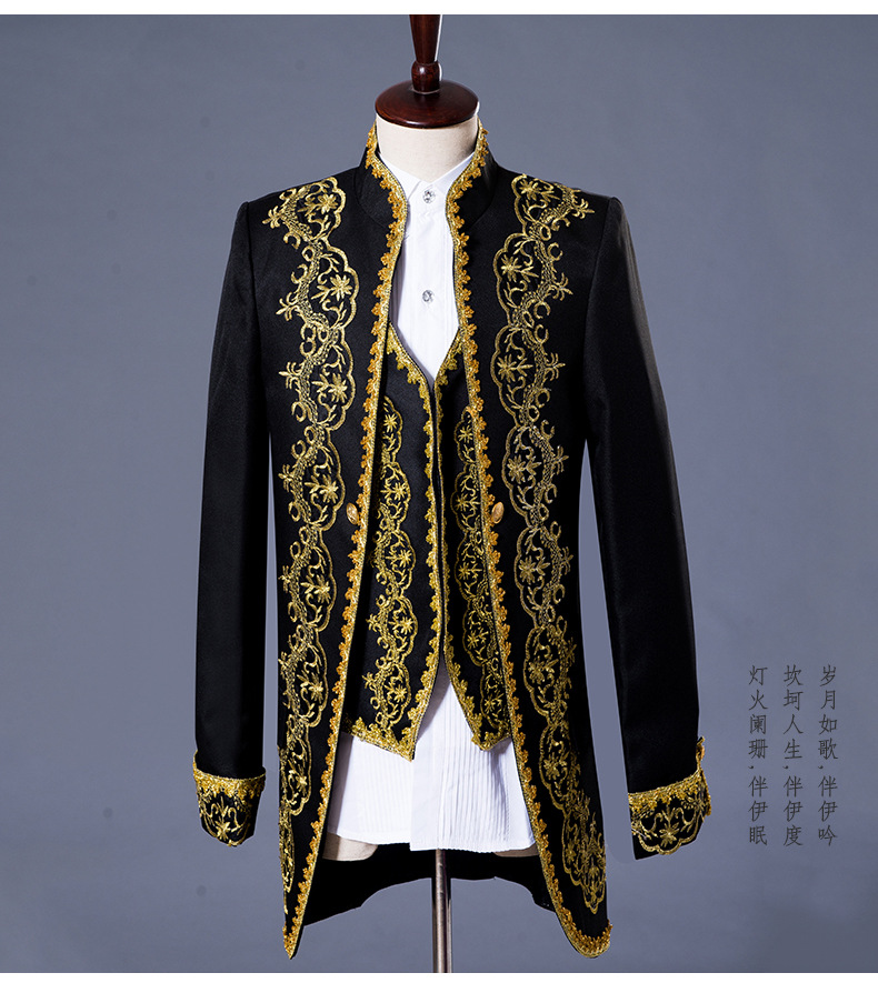Royal Vintage Fashion New Court Men Suit Opera Drama Performance European Earl Gold Appliqued Men Long Coat Party Wear
