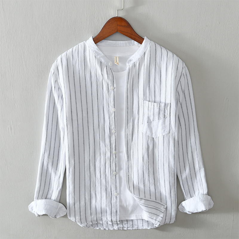 2020 Summer new style long-sleeved stripe casual men shirt linen and cotton shirts for men stand collar shirt mens chemise, White
2020 Summer new style long-sleeved stripe casual men shirt linen and cotton shirts for men stand collar shirt mens chemise, White