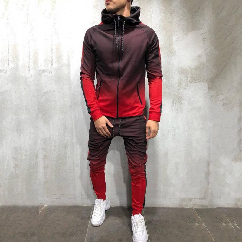 Zipper Tracksuit Men Set Sporting 2 Pieces Sweatsuit Printed Hooded Hoodies Jacket Pants Track Suits Male
