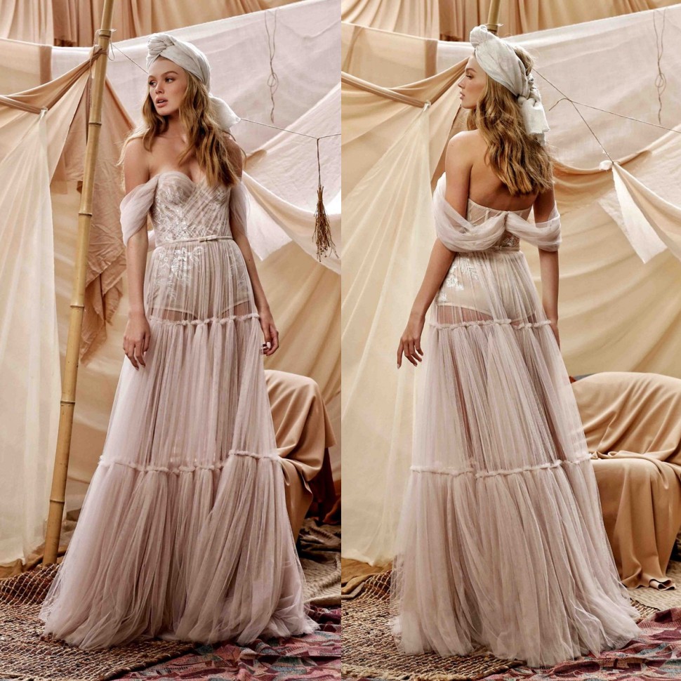 A Line Stunning Beach Wedding Dresses Off The Shoulder Neck Appliqued Bridal Gowns Floor Length Tulle Robe De Marie ppliqued