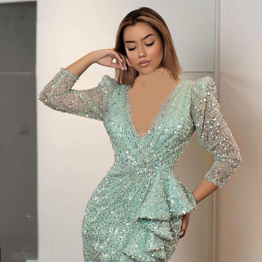 Sexy New Fashion Mint Green Sequined Mermaid Dresses High Side Split Formal Dress Long Sleeves Prom Gowns Ogstufbendkleider 6660305