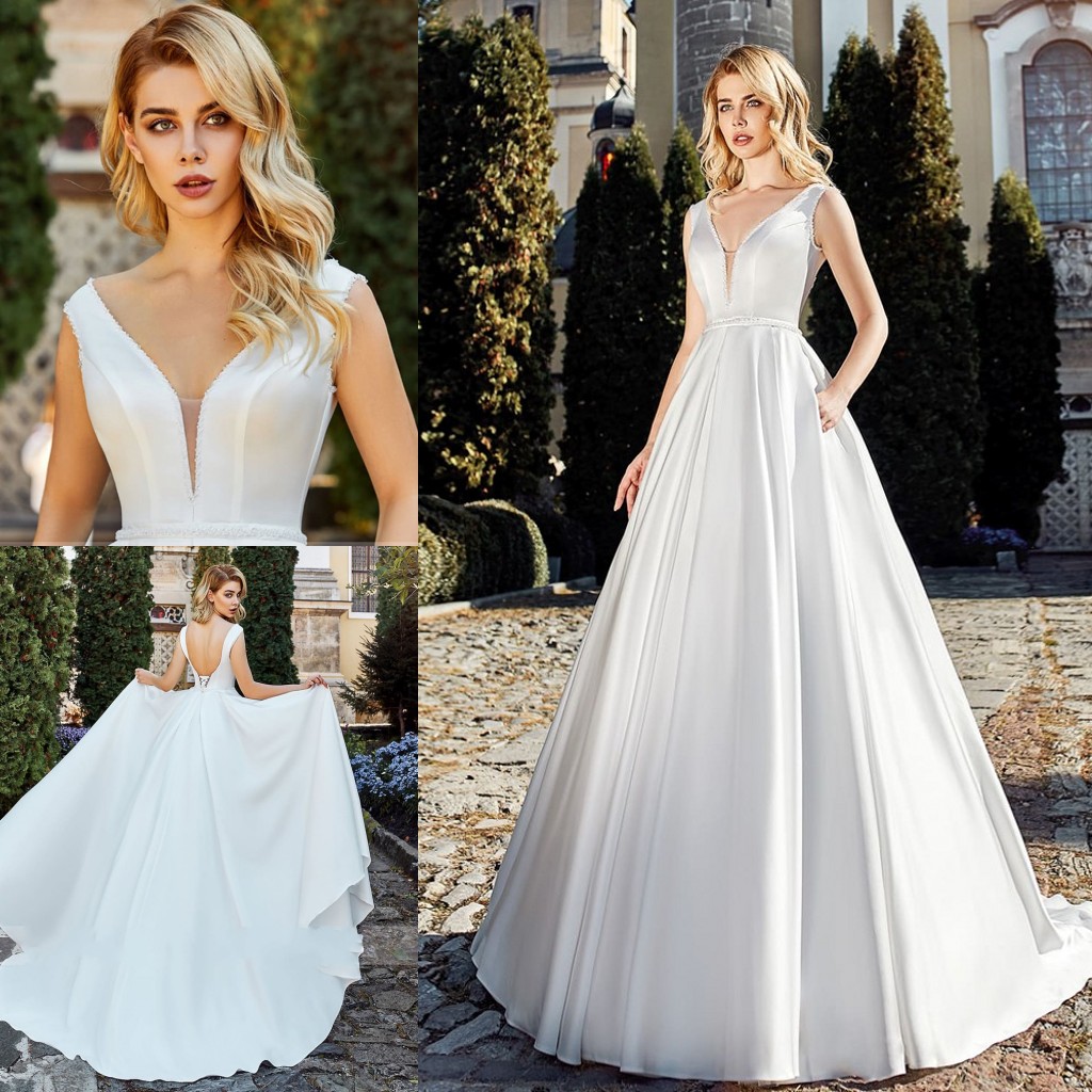 Sexy Backless V Neck Matte Satin A Line Wedding Dresses 2020 Lace Up Beaded Sashes Sweep Train Vintage Bridal Gowns vestidos de mariee
