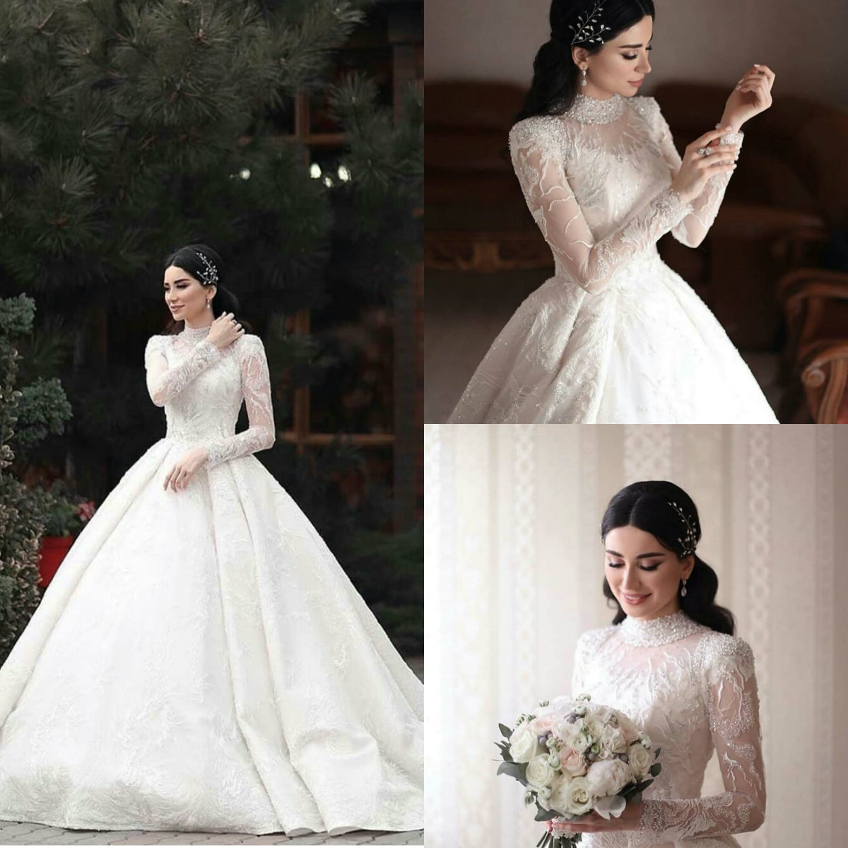 High Neck Muslim Style Wedding Dresses Bridal Ball Gowns Princess Long Sleeves Lace Appliques Wedding Gowns V Neck Petites Plus Size