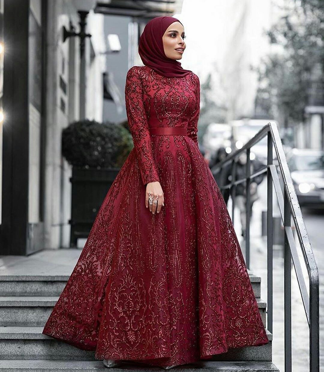 Dark Red Muslim Prom Dresses Lace Beaded Dubai Floor Length Evening Gowns Vestidos 2020 Aibye Islamic Pageant Dress