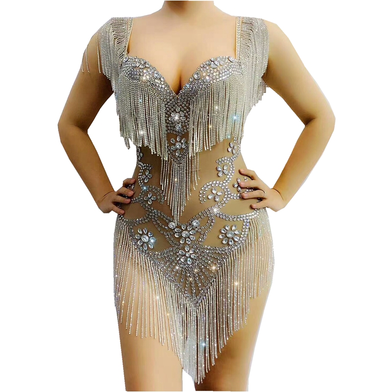 Singer Dancer Stage Performance Wear Silver Rhinestones Fringes Crystals Bodysuit Sexy Mesh Transparent Party Show Dance Costume, As pic
Singer Dancer Stage Performance Wear Silver Rhinestones Fringes Crystals Bodysuit Sexy Mesh Transparent Party Show Dance Costume, As pic