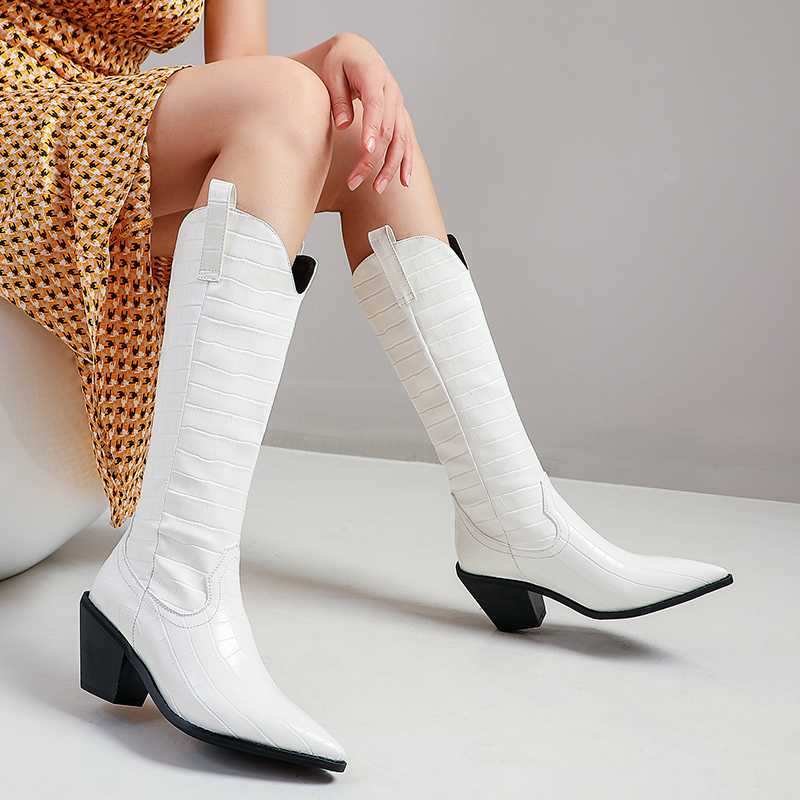 Black blue White Knee High Boots Western Cowboy Boots for Women Long Winter Pointed Toe Cowgirl wedges Motorcycle1