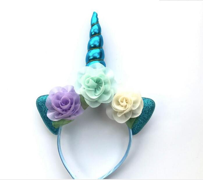 Children's headban Glitter Metallic Unicorn Headband Girls Chiffon Flowers Hairband For Kids leaf flower Unicorn Horn Party Hair Accessories