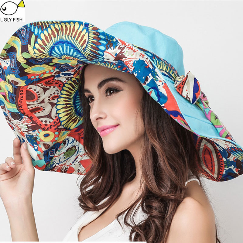 Sun Hats ! Hats Sun Hats For Women Summer Large Beach Hat Flower printed wide brim Y200619