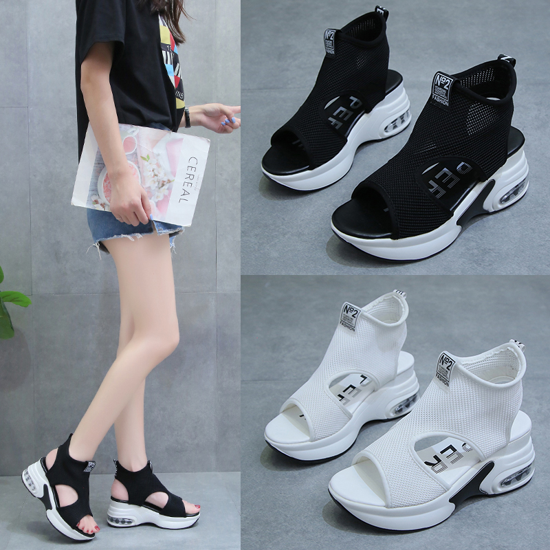 Ladies 2020 new fashion joker fish mouth leisure enhanced web celebrity wedge heels trendy shoes platform sandals, Black