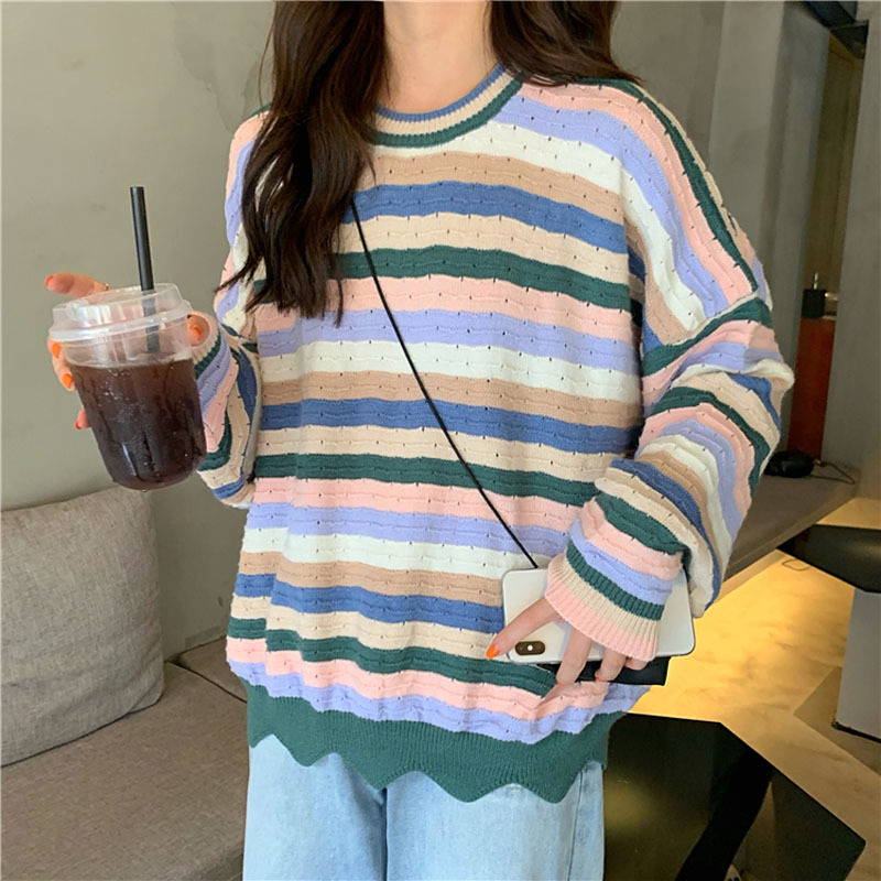 Autumn And Winter Korean pullover loose contrast color striped round neck sweater outer wear long-sleeved sweater women, As picture
Autumn And Winter Korean pullover loose contrast color striped round neck sweater outer wear long-sleeved sweater women, As picture
