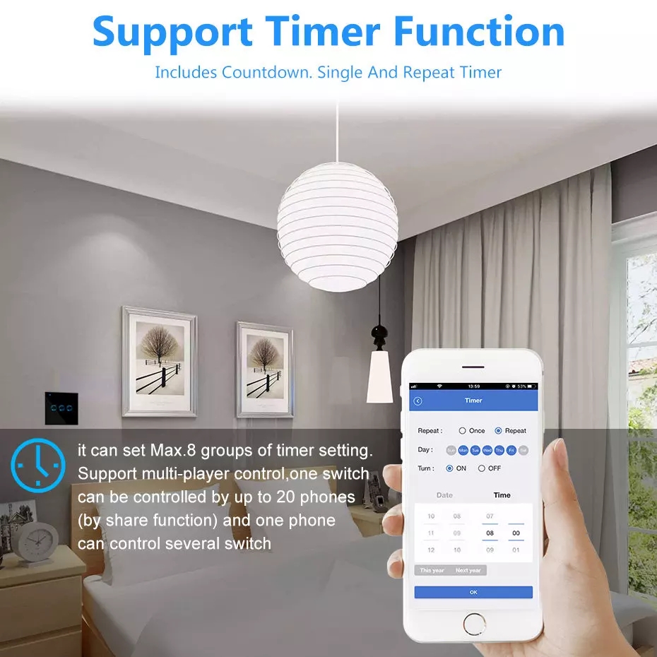 WiFi Smart Light Switch Glass Panel Touch Switch Compatible with Alexa Google Home Smart Wall Switch 10A 90250V Phone App Timer F1