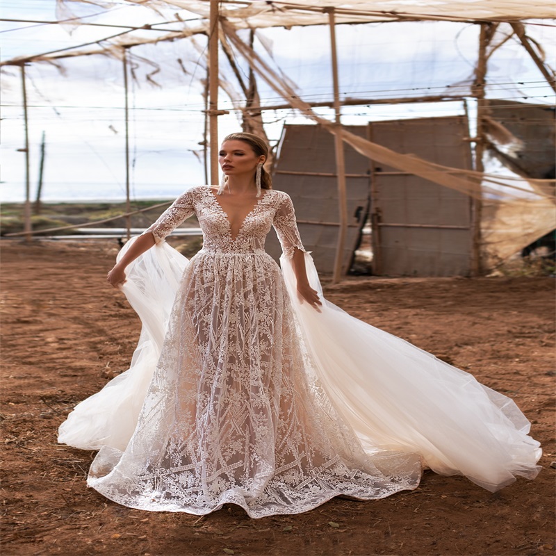 Elegant Custom Made Wedding Dresses With Detachable Sleeves V Neck Full Lace Ruched Tulle Bridal Gown Hollow Back Court Train Bridal Dress