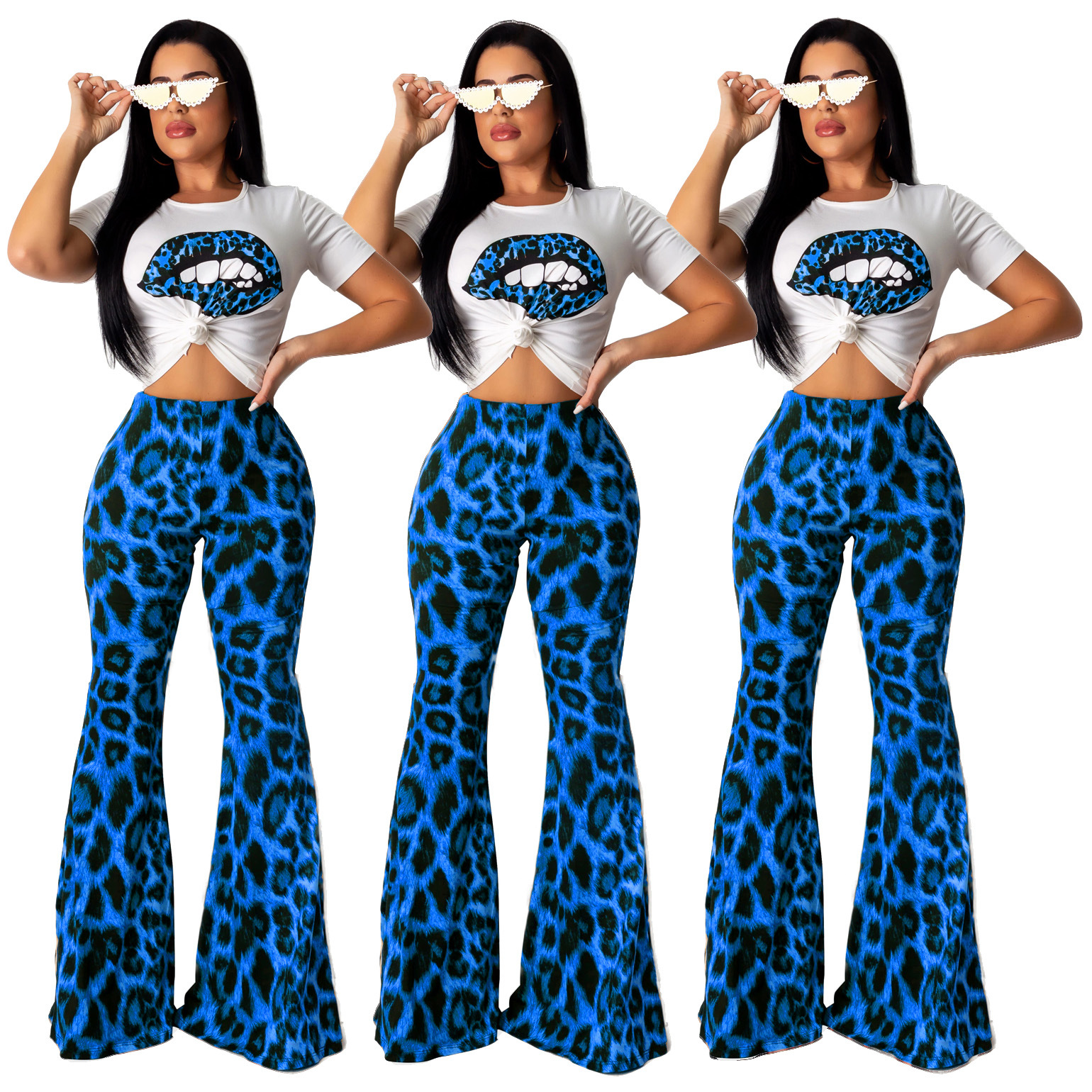 pants Spot 2023 European spring and summer fashion sexy leopard lips printed bell-bottom two-piece suit support mixed batch