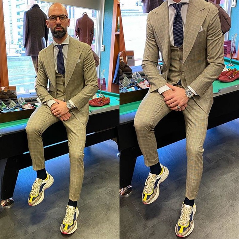 Newest 3-piece(Coat+Vest+ Pant) Beige Glen Plaid Wedding Suits Custom Made Men Suits Tuxedos Peaked Lapel Blazer Party Formal Business Suit