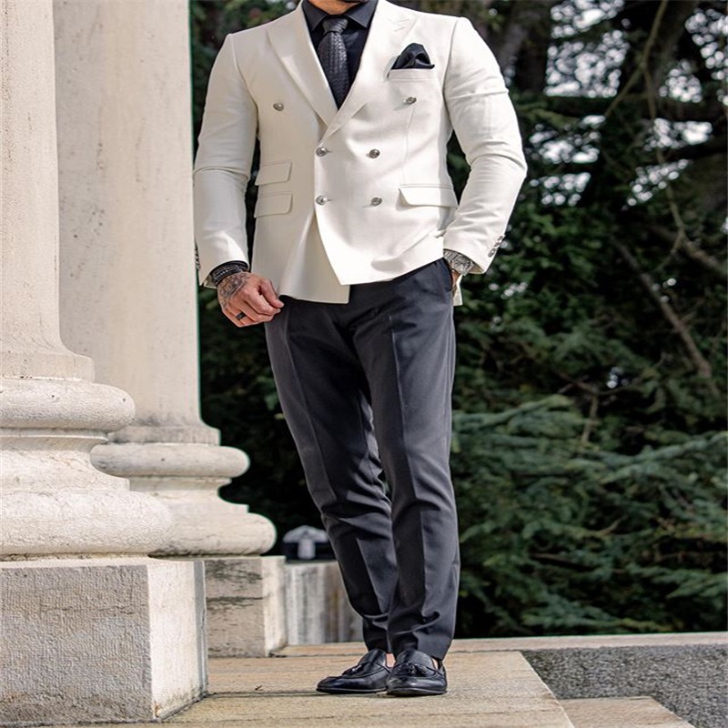 2piece white coatblack pant wedding tuxedos party fit formal business double breasted men suits peaked lapel blazer suit
