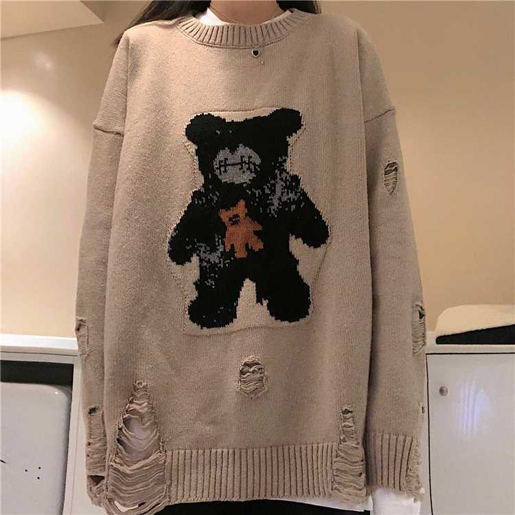 2020 Autumn and Spring women sweater Korean ins hole sweater bear emboridery jacquard beige pullover, As pic
2020 Autumn and Spring women sweater Korean ins hole sweater bear emboridery jacquard beige pullover, As pic