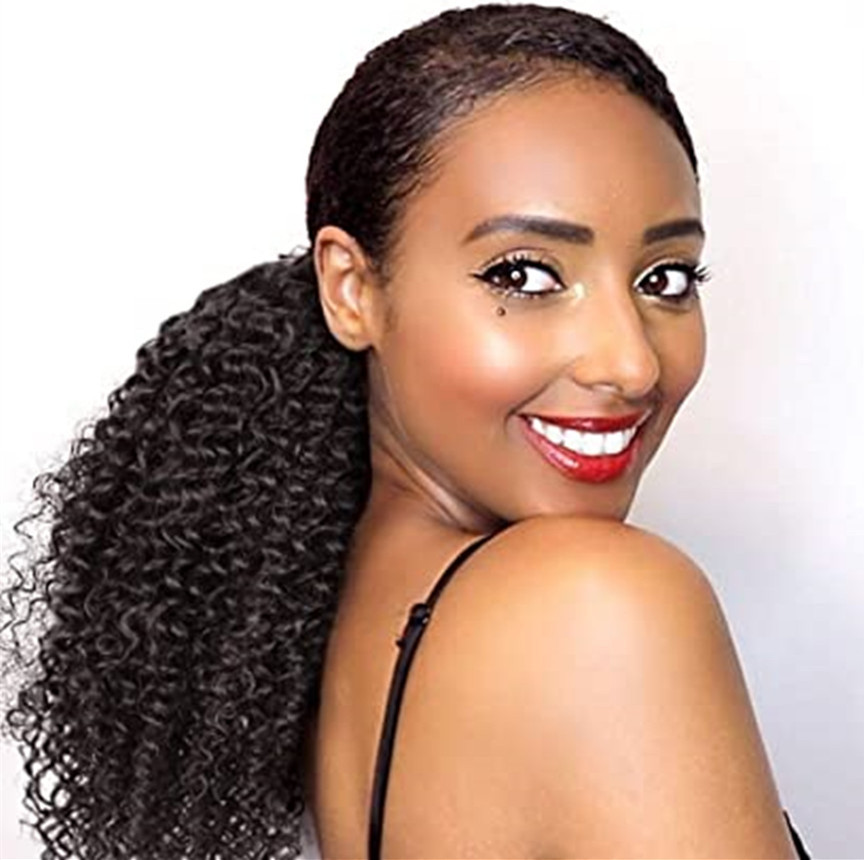 Cute ponytail water wave curly human hair ponytail extension bun afro pony tail hairpiece elastic band drawstring ponytail 140g