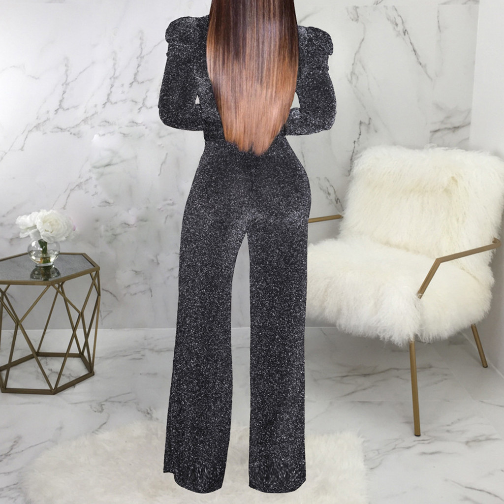 Fahion Women Jumpsuit Plus Size Sexy V Collar Elegant High Elastic Gold And Silver Wire Long Sleeves Jumpsuits ith Sashes#G1 T200509