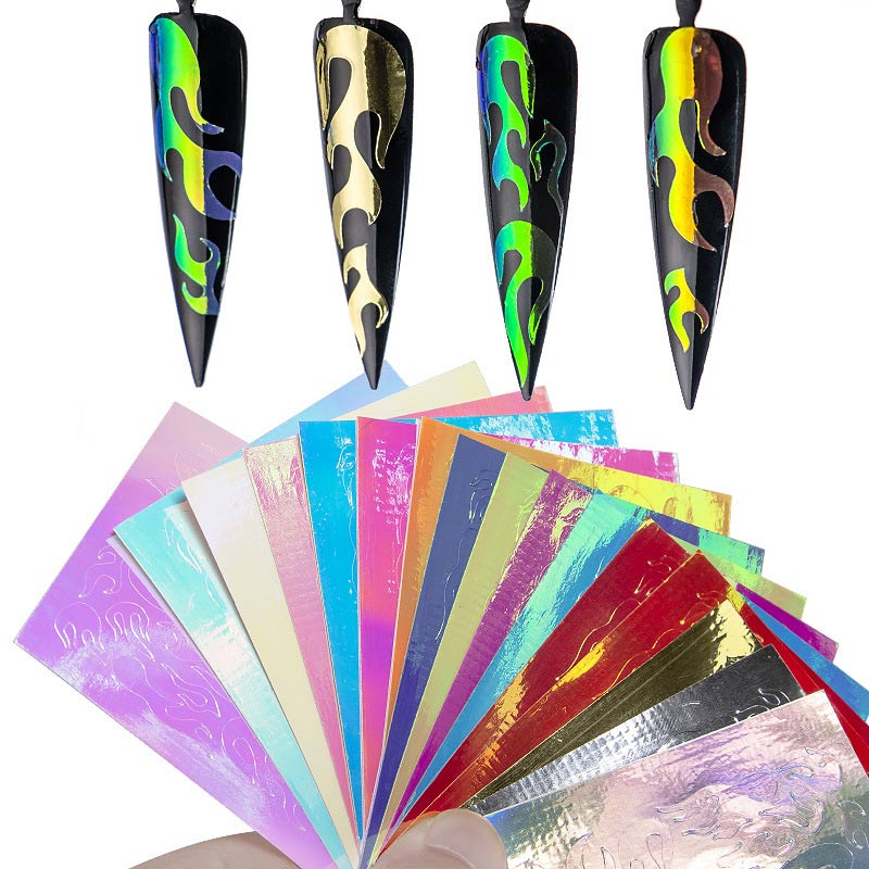 16 Sheets/set Aurora Flame Nail Sticker Holographic Colorful Fire Reflections Nail Decal Self-adhesive Foils DIY Nail Art Decoration Decoracion De Una