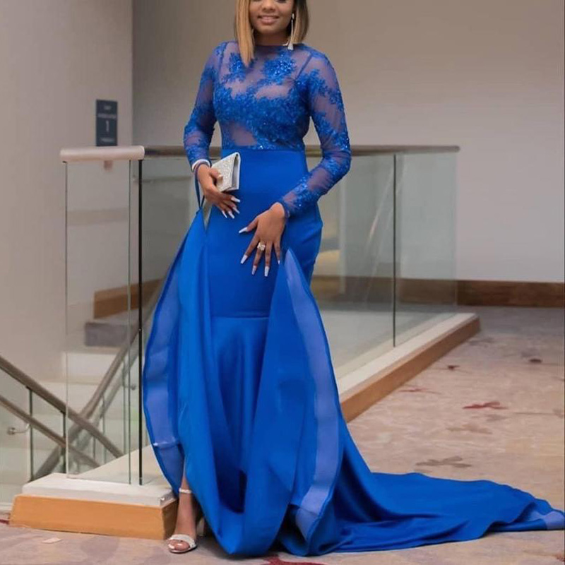 Royal Blue Mermaid Lace Prom Dresses Sheer Bateau Neck Appliqued Beaded Evening Gowns Sweep Train Satin Formal Dress