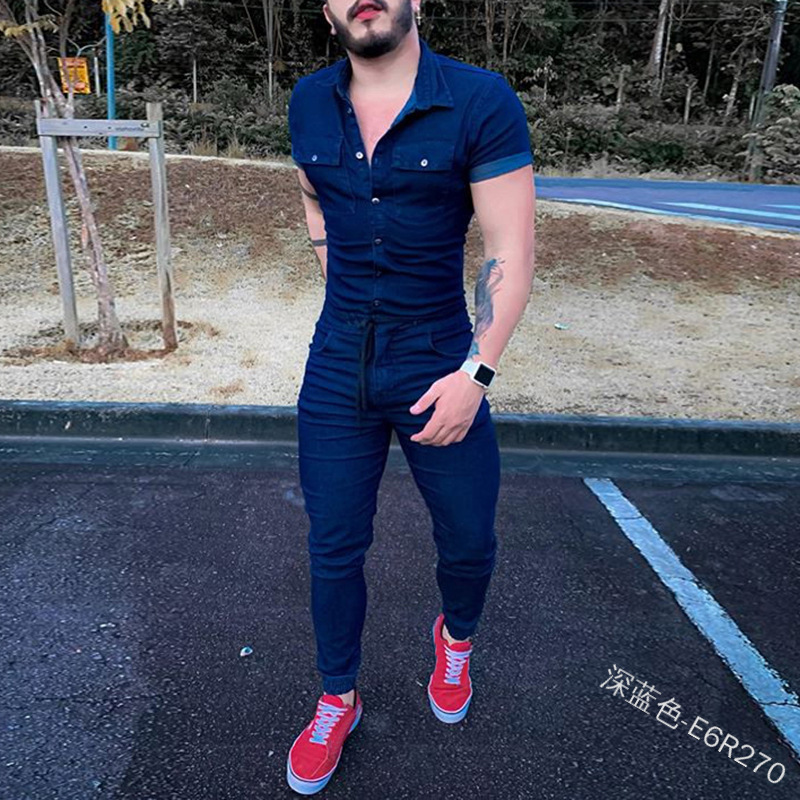 WEPBEL Casual Skinny Single-Breasted Lapel Pocket Lace-up Denim Jumpsuit Men's Denim Jumpsuit