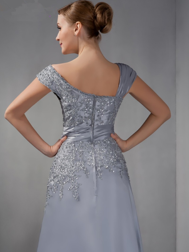 Gray Mother Of The Bride Dresses A-line Cap Sleeves Chiffon Lace Beaded Long Elegant Groom Mother's Dresses For Wedding Evening Dress