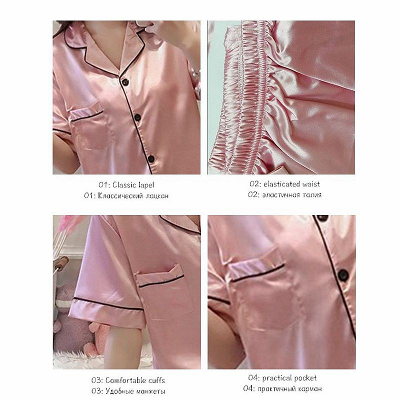 JULY'S SONG 2020 New Spring Summer Women Faux Silk Pamas Set Simple Pure Color Leisure Nightwear Short Sleeves Sleepwear