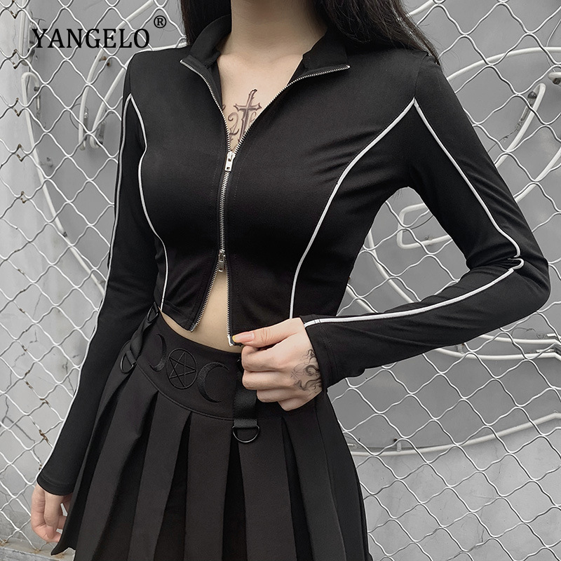 Yangelo Double Zipper Reflective Stitching Women Long Sleeved Exposed Navel Sexy Streetwear Female Sweatshirt Top Gothic Girl, Black
Yangelo Double Zipper Reflective Stitching Women Long Sleeved Exposed Navel Sexy Streetwear Female Sweatshirt Top Gothic Girl, Black