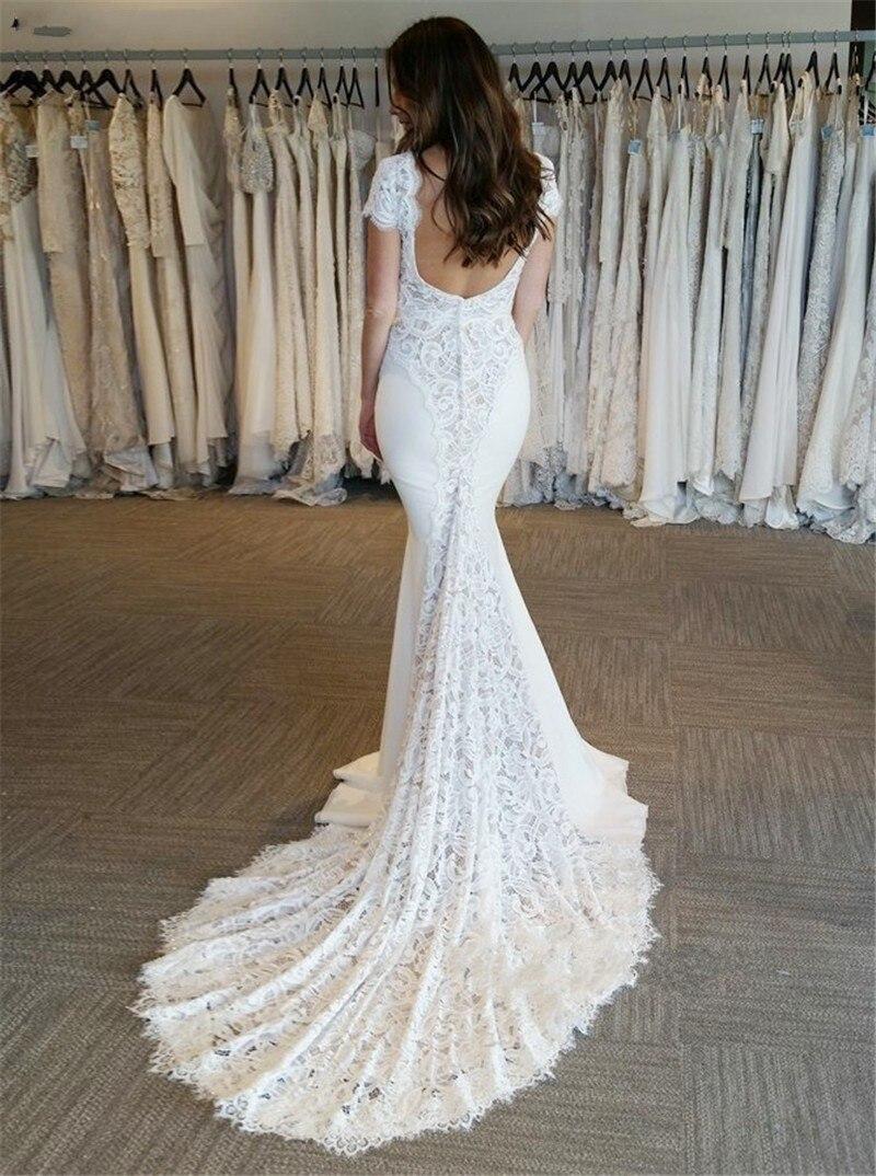 Chic Design Lace Mermaid Wedding Dresses Deep V Neck Short Sleeve Open Backless Long Train Bridal Gowns Vestido De Noiva