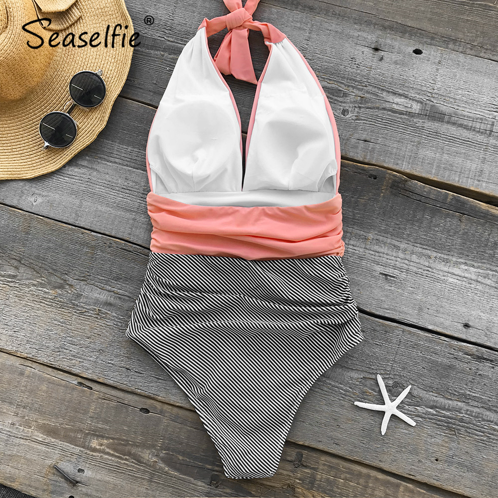 SEASELFIE Sexy Pink and Stripe Halter Deep V-neck One-Piece Swimsuit Women Padded Monokini 2020 Beach Bathing Suit Swimwear MX200613
