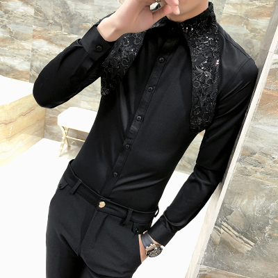 Hot Men Shirt Slim Fit Long Sleeve 2020 Spring Tuxedo Shirt Men Sexy Lace Patchwork Casual Party Dress Shirts Mens Black/W