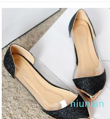 Hot sale-2017 new the chic metal pointed/closed toe transparent shiny pointed Asakuchi ballet flat shoes women's shoes