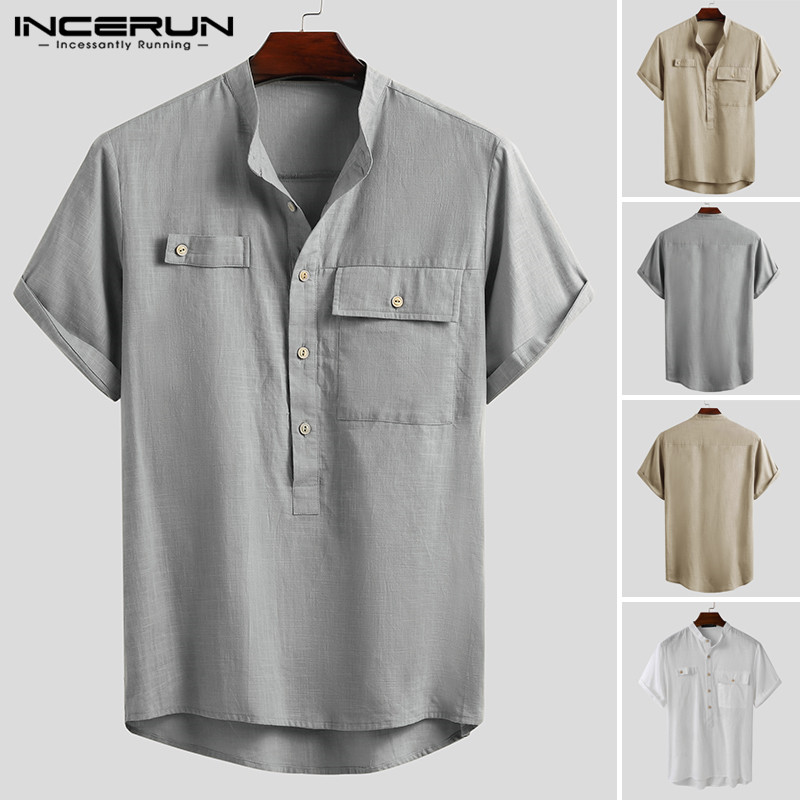 INCERUN Men Leisure Stand Collar Shirt Short Sleeve Solid Blouse Summer Cotton Buttons Camisa Breathable Pockets Blusa Plus Size, Khaki
INCERUN Men Leisure Stand Collar Shirt Short Sleeve Solid Blouse Summer Cotton Buttons Camisa Breathable Pockets Blusa Plus Size, Khaki