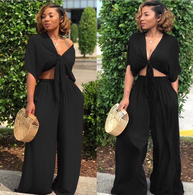 Plus Size Sexy Two Piece Set Women Outfits Bow Tie Tops+Wide Leg Pants Suits Casual Clothes solid color Matching Sets1